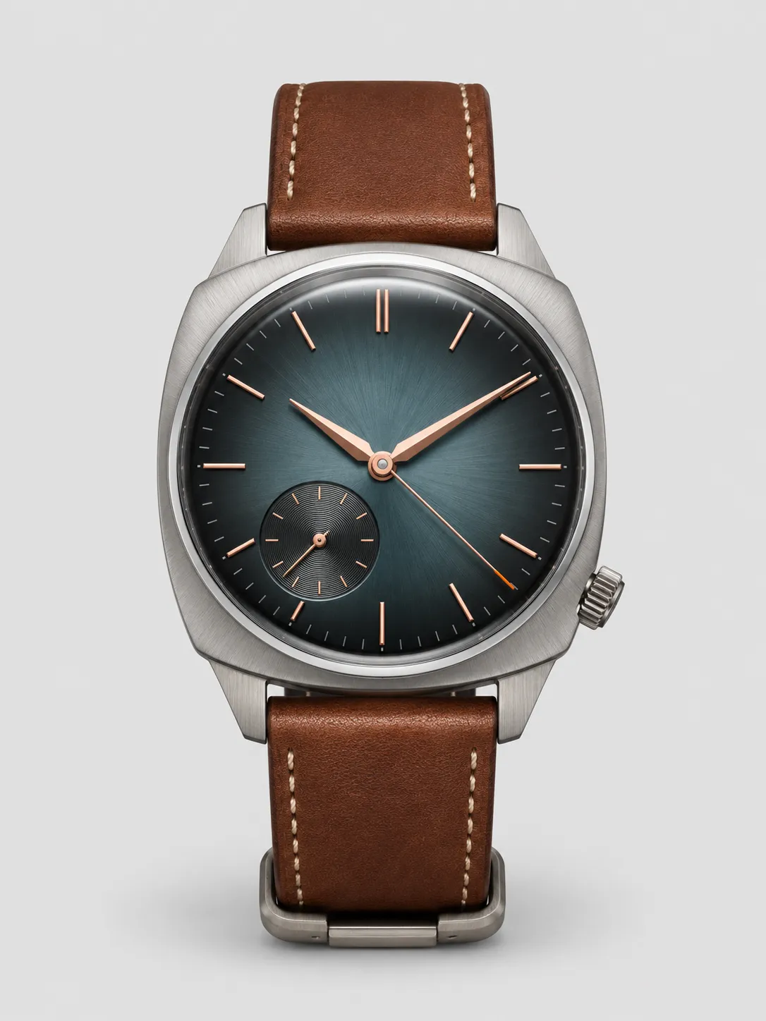 2-01-black-dial-silver-case-mens-dress-watch-main-front-view Dark Green Dial Brown Leather Strap Dress Watch with Craft Options - Image 1