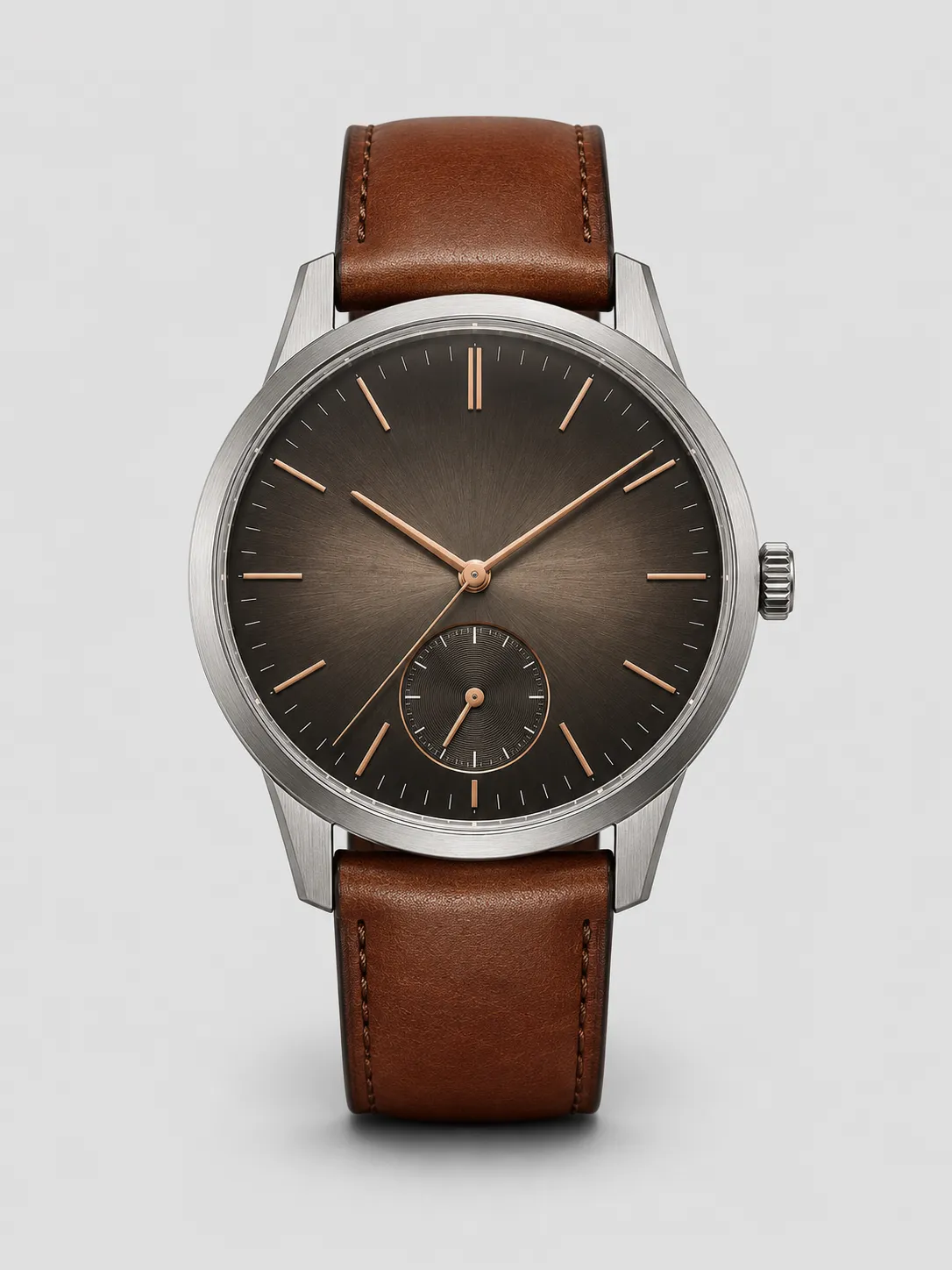 3-01-blue-dial-brown-leather-strap-classic-watch-main-front-view Mocha Brown Dial Brown Leather Strap Dress Watch with Craft Options - Image 1