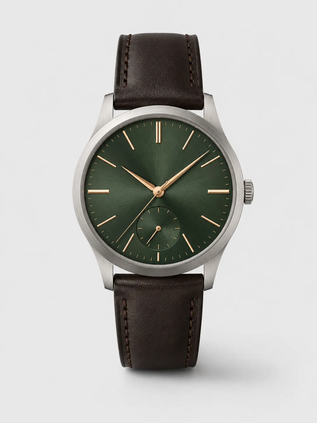 4-01-white-dial-black-leather-strap-minimalist-watch-main-front-view Green Dial Dark Brown Leather Strap Dress Watch with Craft Options - Image 1
