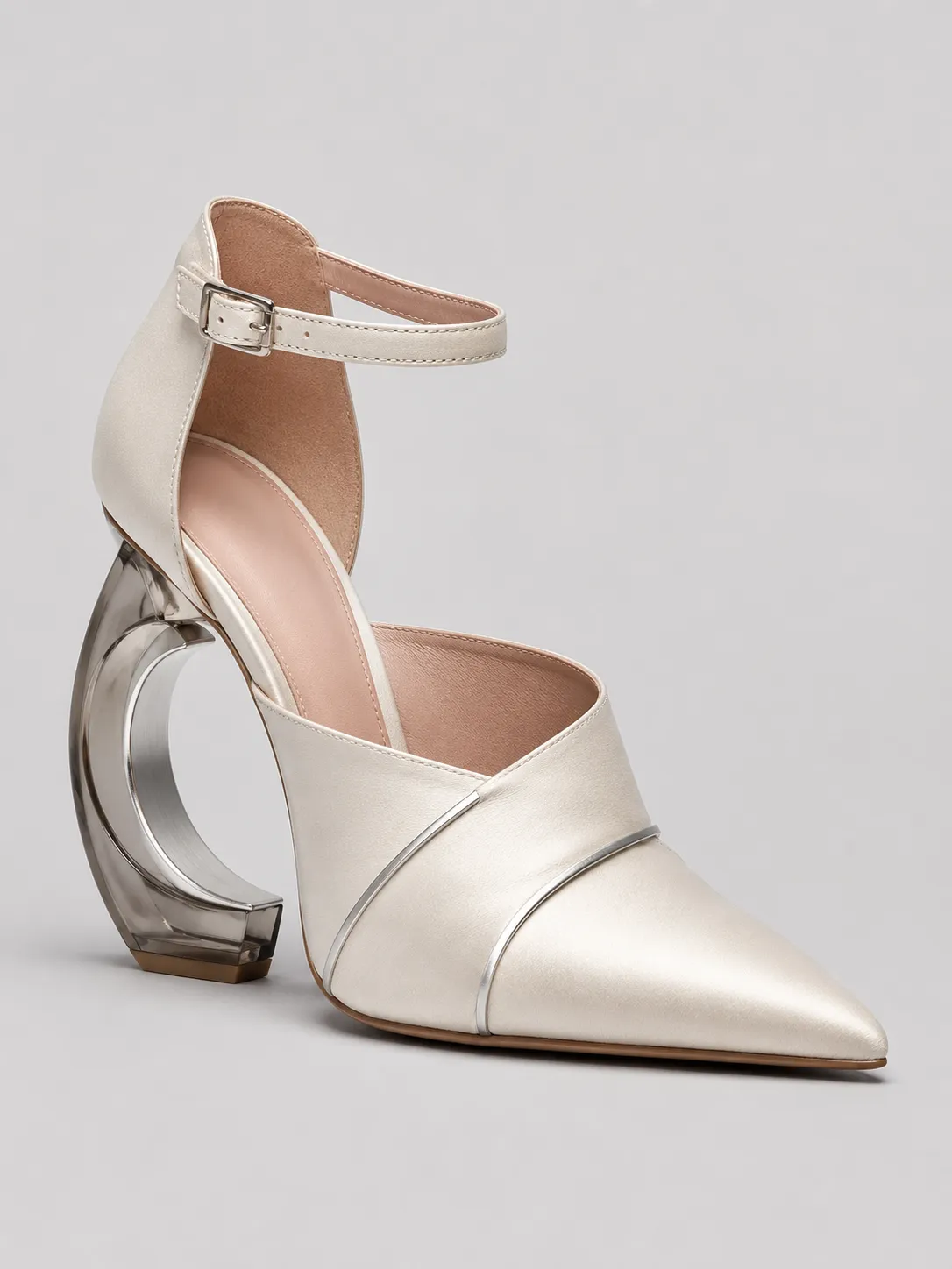 6-01-gold-metallic-ankle-strap-party-heels-main-three-quarter-view Ivory Pearl Pointed Toe Ankle Strap Heels with Transparent Sculptural Heel - Image 1