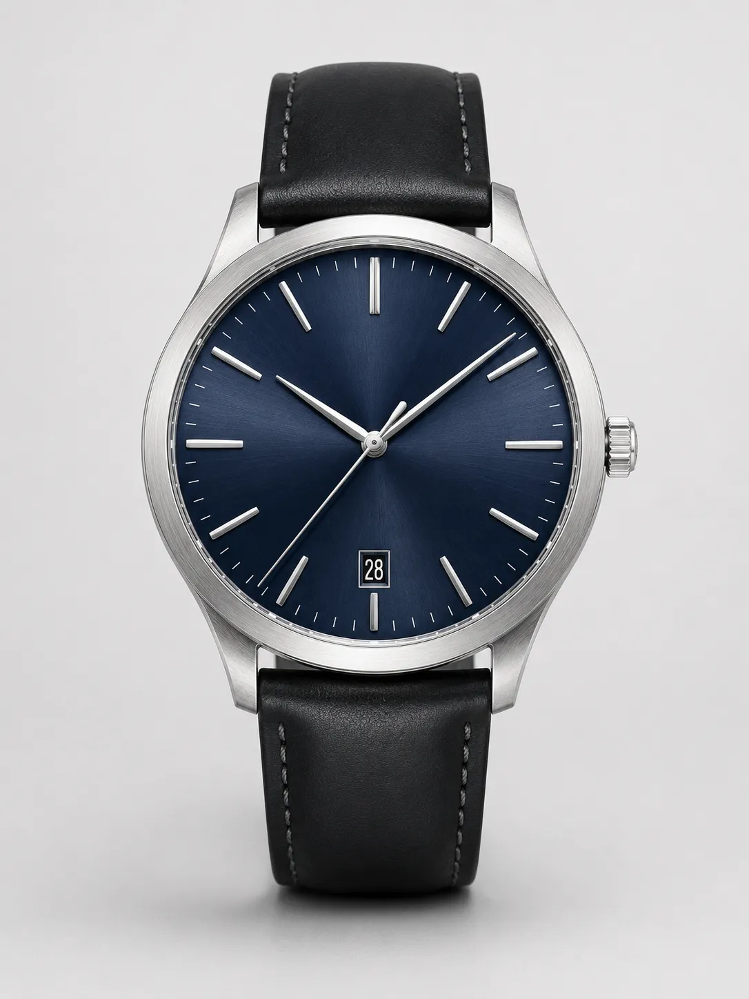6-01-silver-stainless-steel-business-watch-main-front-view Navy Blue Dial Black Leather Strap Business Watch with Craft Options - Image 1