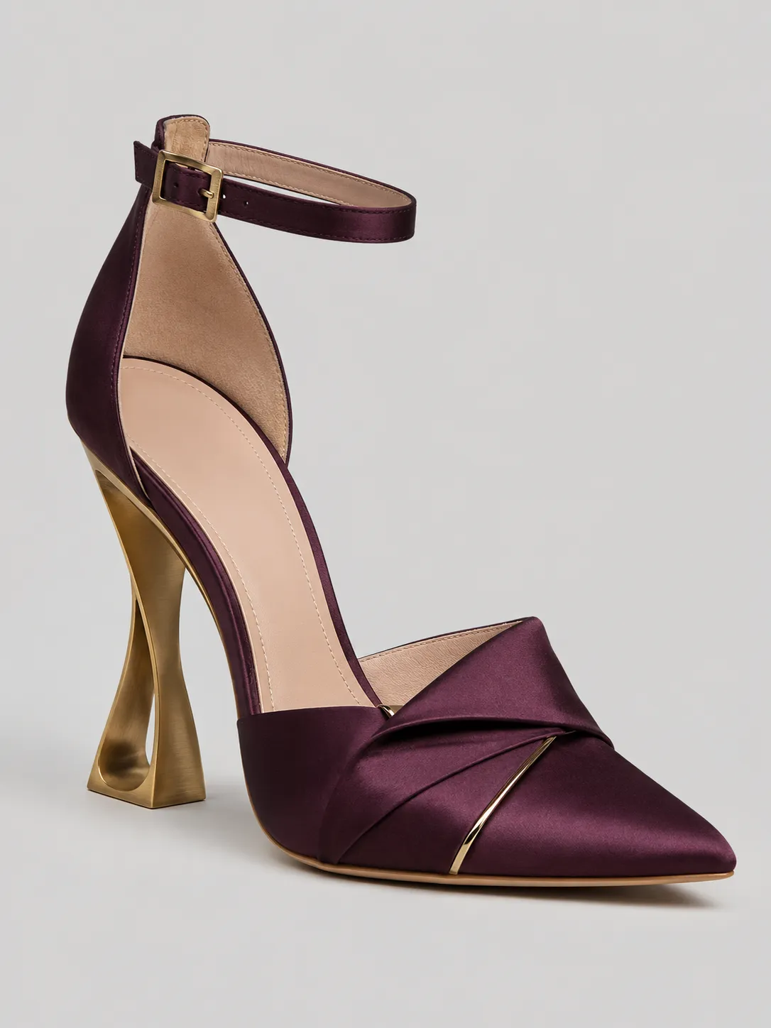 7-01-white-bridal-pointed-toe-stiletto-heels-main-three-quarter-view Plum Burgundy Pointed Toe Ankle Strap Heels with Gold Sculptural Heel - Image 1