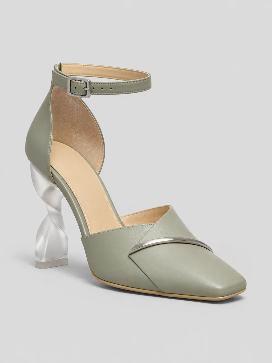 8-01-beige-elegant-pointed-toe-wedding-heels-main-three-quarter-view Sage Green Pointed Toe Ankle Strap Heels with Transparent Sculptural Heel - Image 1