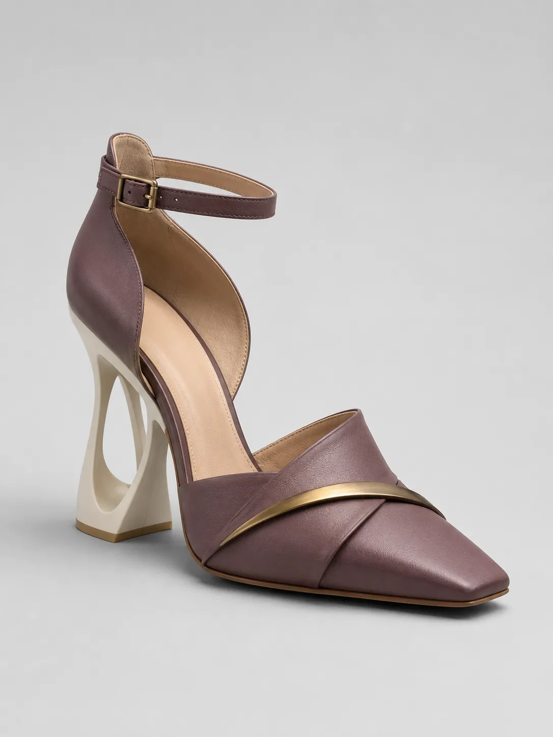 9-02-black-strappy-pointed-toe-high-heels-front-view Dusty Mauve Pointed Toe Ankle Strap Heels with Sculptural Cut-Out Heel - Image 1
