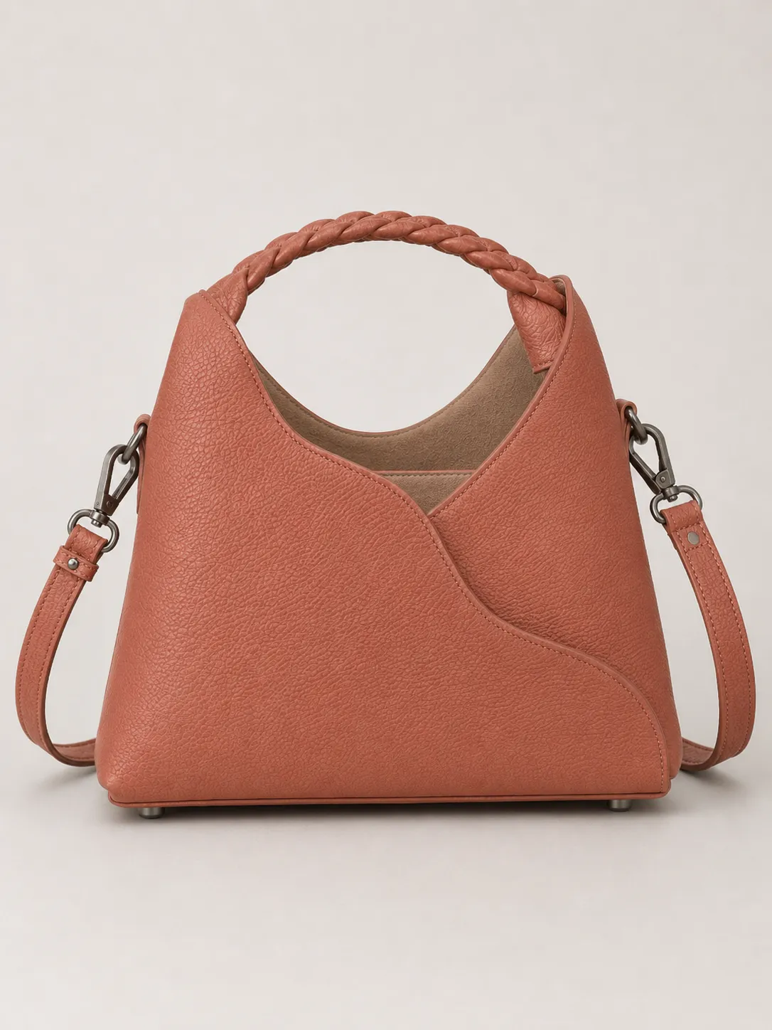 9-02-gray-textured-top-handle-shoulder-bag-front-view Coral Pink Braided Top Handle Shoulder Bag with Leather Options - Image 1